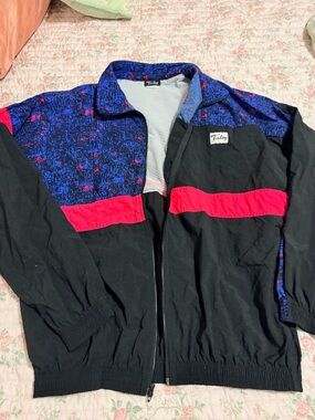 Vintage 90s Black & Blue Retro Windbreaker Jacket with Red Accent